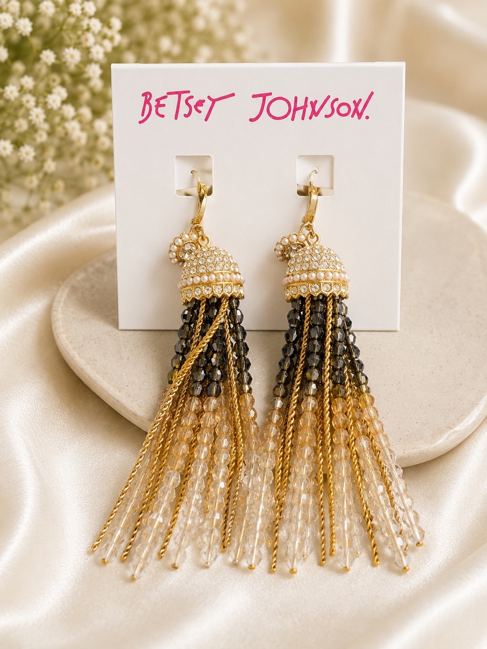 Betsey Johnson Gold Beaded Tassel Statement Earrings NWT